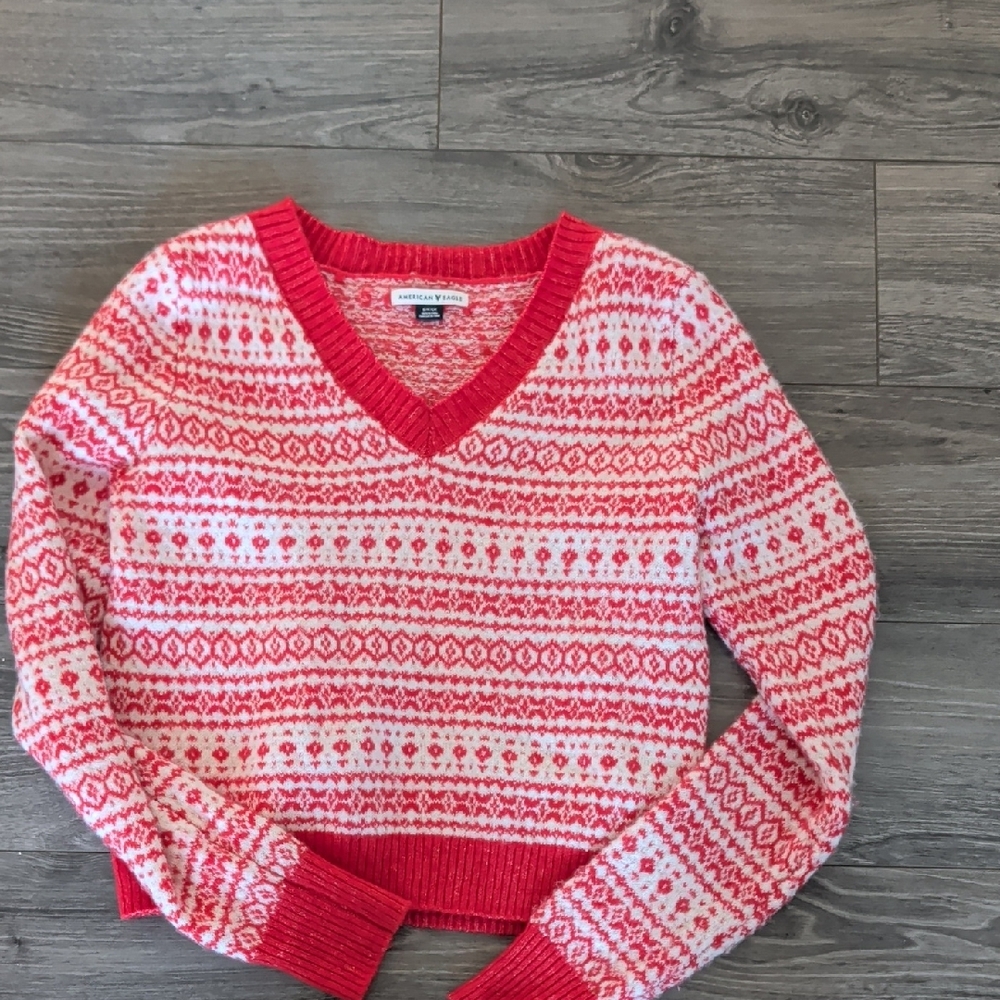 Cozy Red Patterned V-Neck Sweater